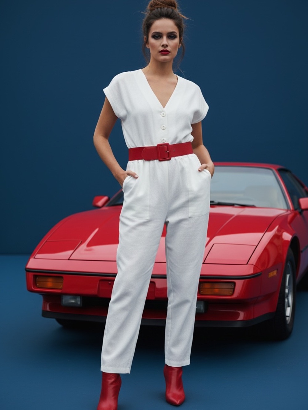 Studio I vintage 80s cream V-Neck Jumpsuit